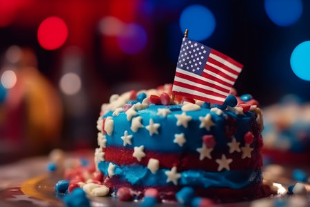 USA Independence Day cake on a dark background and a flag. With Generative AI technology.の素材
