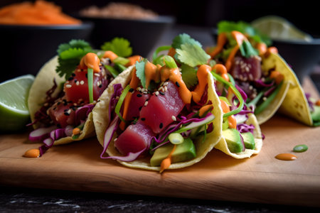 Mexican appetizer poke tacos with fish, mix of cultures, regional cuisine and national, asian, fusion. With Generative AI technology.の素材