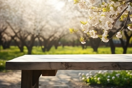 Wooden white light table with empty space on garden background. With Generative AI technologyの素材