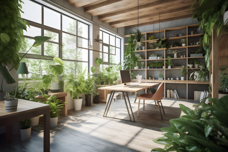 Bright office interior with green plants. Lots of plants and flowers in pots. With Generative AI technologyの素材