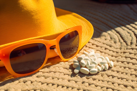 Sunscreen supplements for the skin on a blurred background of the beach. empty space. With Generative AI technologyの素材