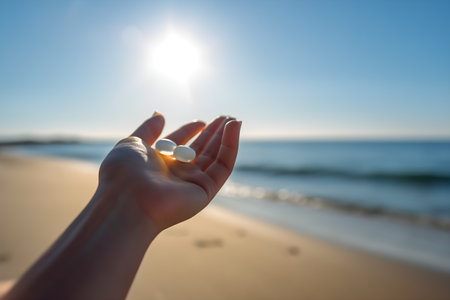 Sunscreen supplements for the skin on a blurred background of the beach. empty space. With Generative AI technologyの素材