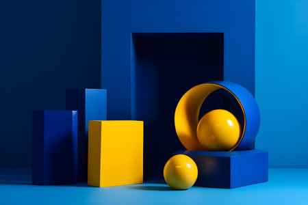 Geometric elements, shapes, for design, empty space on a blue yellow background. With Generative AI technology.の素材