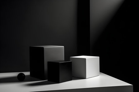 Geometric elements, shapes, for design, empty space on a black and white monochrome background. With Generative AI technology.の素材