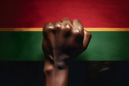 Hand with flag of USA Abolition Day celebration. On a dark background. With Generative AI technologyの素材