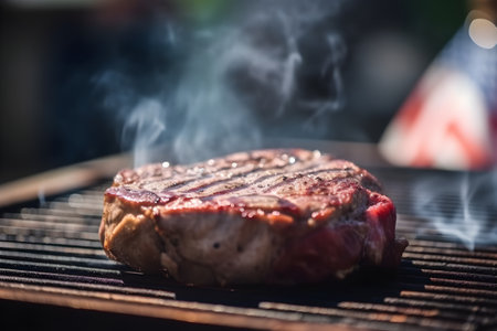 Barbecue on Independence Day in the USA on the background of the flag. Generative AI technology.の素材