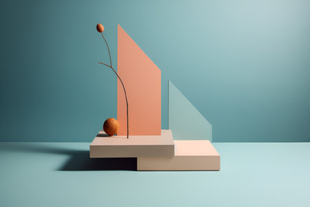Unstable composition, podium for goods on a blue background. With Generative AI technology.の素材