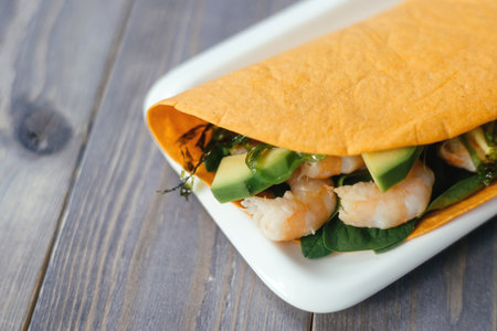 Mexican appetizer poke tacos with fish, mix of cultures, regional cuisine and national, asian, fusion.の写真素材