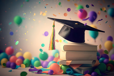 Graduation cap on a pink background on a stack of books with space for text. On the background of balloons and confetti. With Generative AI technology.の素材