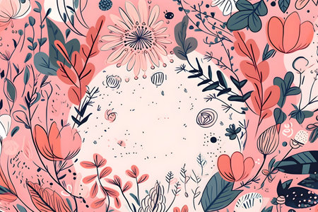 Wildflowers on a pink background with a place for text, colorful summer flowers. With Generative AI technology.の素材