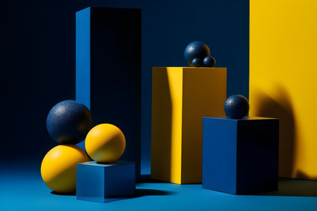 Geometric elements, shapes, for design, empty space on a blue yellow background. With Generative AI technology.の素材