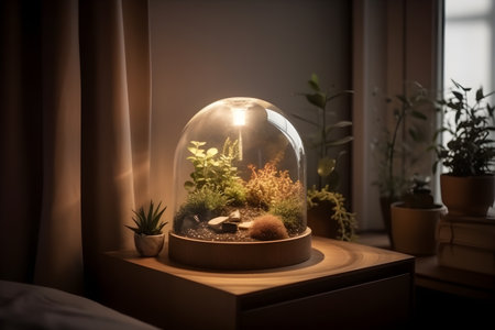 Landscaping of living quarters, proximity to nature indoors. Terrarium. With Generative AI technology.の素材