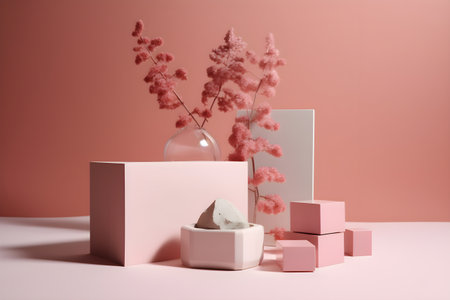 Geometric elements, shapes, for design, empty space on a monotone pink background. With Generative AI technology.の素材