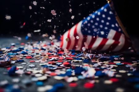 USA independence day party attributes carnival on dark background and flag color. Generative AI technology.の素材