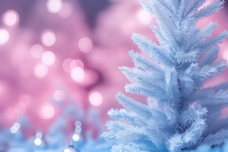 Beautiful Christmas tree decorated in lights on a pink background. With Generative AI technology.の素材