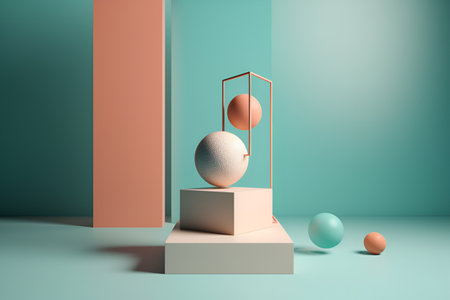 Unstable composition, podium for goods on a blue background. With Generative AI technology.の素材