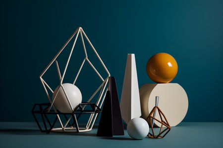 Geometric elements, shapes, for design, empty space on a green background. With Generative AI technology.の素材