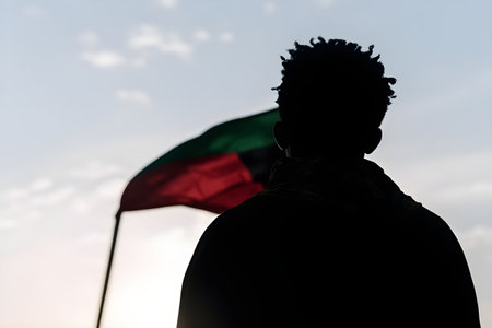 The silhouette of a man is a symbol of freedom of the day celebrating the abolition of slavery in the USA. With Generative AI technology.の素材
