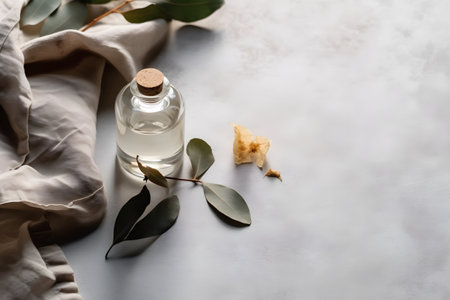 Skin care oil, natural cosmetics, spa treatments on a gray background. With Generative AI technology.の素材