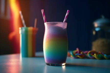 Rainbow milkshake, multi-colored, bright on a rainbow background. With Generative AI technology.の素材