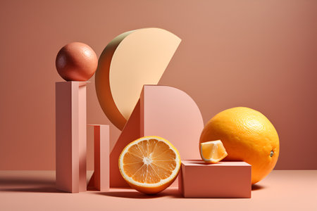 Unstable composition, podium for goods on a pink background. With Generative AI technology.の素材