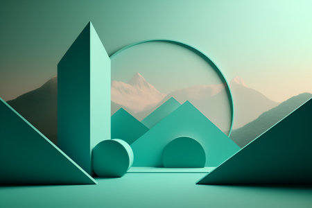 Unstable composition, podium for goods on a green background. With Generative AI technology.の素材