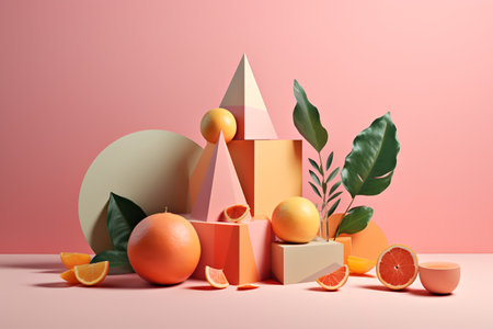 Unstable composition, podium for goods on a pink background. With Generative AI technology.の素材