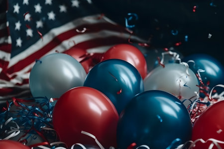 USA independence day party attributes balloon on dark background and flag color. Generative AI technology.の素材