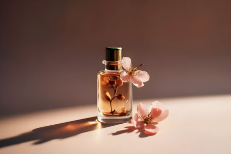 Skin care oil, natural cosmetics, spa treatments on a pink background. With Generative AI technology.の素材