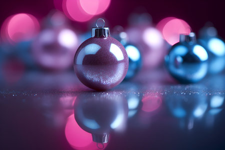 Christmas balls on a blue background. New Year. With Generative AI technology.の素材