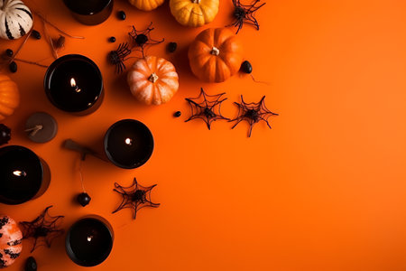 Halloween card, holiday attributes, pumpkins, candles and spiders. With Generative AI technology.の素材
