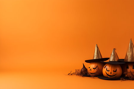 Halloween card, holiday attributes, pumpkins, candles and spiders. With Generative AI technology.の素材