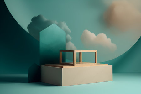 Unstable composition, podium for goods on a green background. With Generative AI technology.の素材