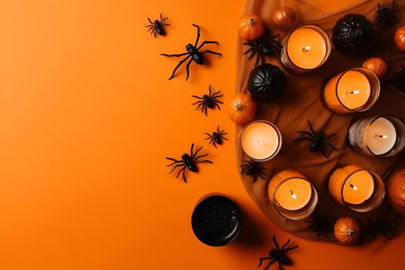 Halloween card, holiday attributes, pumpkins, candles and spiders. With Generative AI technology.の素材