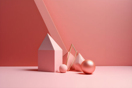 Geometric elements, shapes, for design, empty space on a monotone pink background. With Generative AI technology.の素材