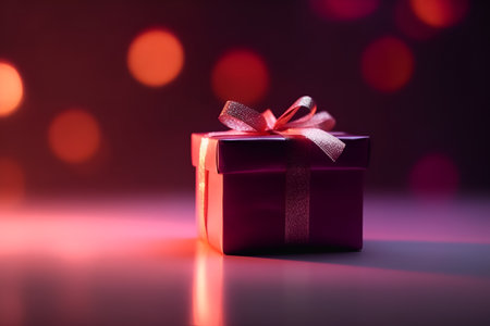 Bright Christmas present on a pink background and blurry lights. With Generative AI technology.の素材