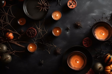 Halloween card, holiday attributes, pumpkins, candles and spiders. With Generative AI technology.の素材