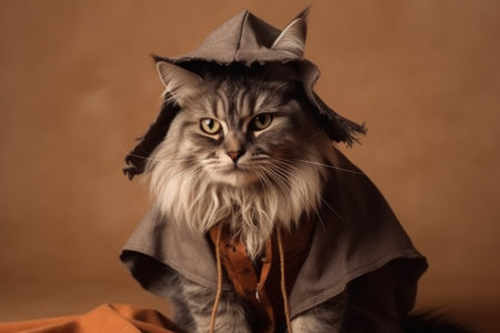 Halloween card. A cat on a orange background and a pumpkin. With Generative AI technology.の素材