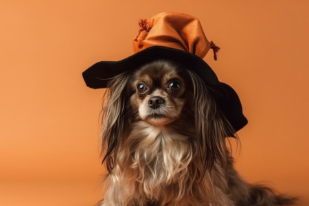 Halloween card. A dog on a orange background in a mantle, a witch's costume and a cap. With Generative AI technology.の素材