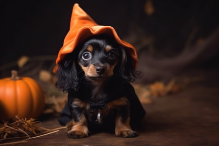 Halloween card. A dog on a dark background in a mantle, a witch's costume and a cap. With Generative AI technology.の素材