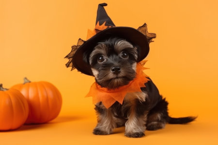 Halloween card. A dog on a orange background in a mantle, a witch's costume and a cap. With Generative AI technology.の素材