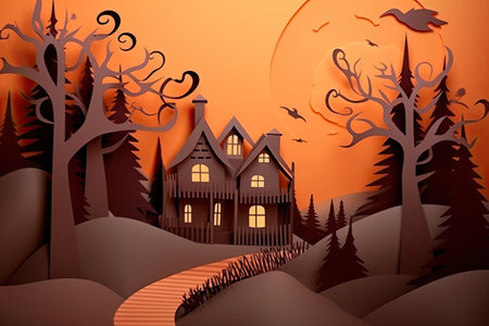 Halloween card with space for text, paper craft. With Generative AI technology.の素材