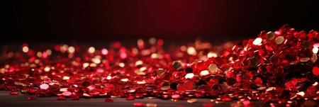 Background of red sequins and glare, sparkling, for the holiday, christmas. With Generative AI technology.の素材