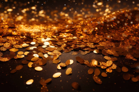 Background of golden sequins and highlights, sparkling, for the holiday, christmas. With Generative AI technology.の素材