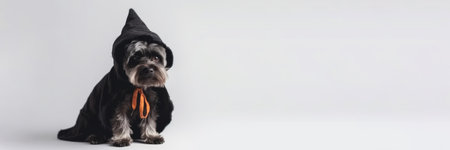 Halloween card. A dog on a white background in a mantle, a witch's costume and a cap. With Generative AI technology.の素材