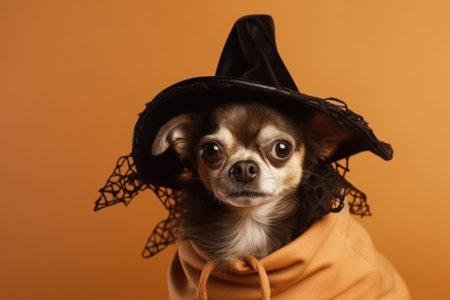 Halloween card. A dog on a orange background in a mantle, a witch's costume and a cap. With Generative AI technology.の素材