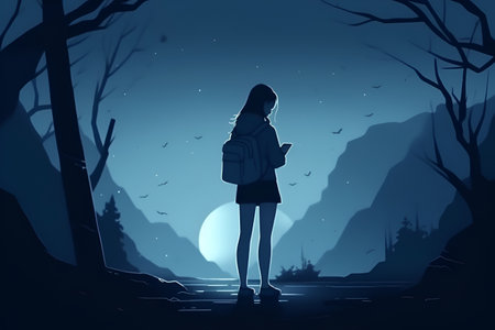 Social connection crisis, a young girl alone looks into the phone. With Generative AI technology.の素材