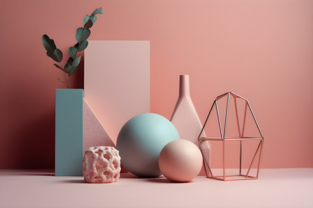 Geometric elements, shapes, for design, empty space on a pink-blue background. With Generative AI technology.の素材