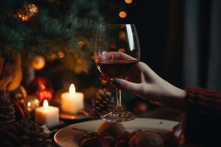 A glass of wine in a hand against the background of a Christmas tree and glare. With Generative AI technology.の素材