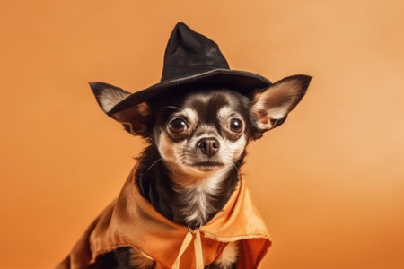 Halloween card. A dog on a orange background in a mantle, a witch's costume and a cap. With Generative AI technology.の素材